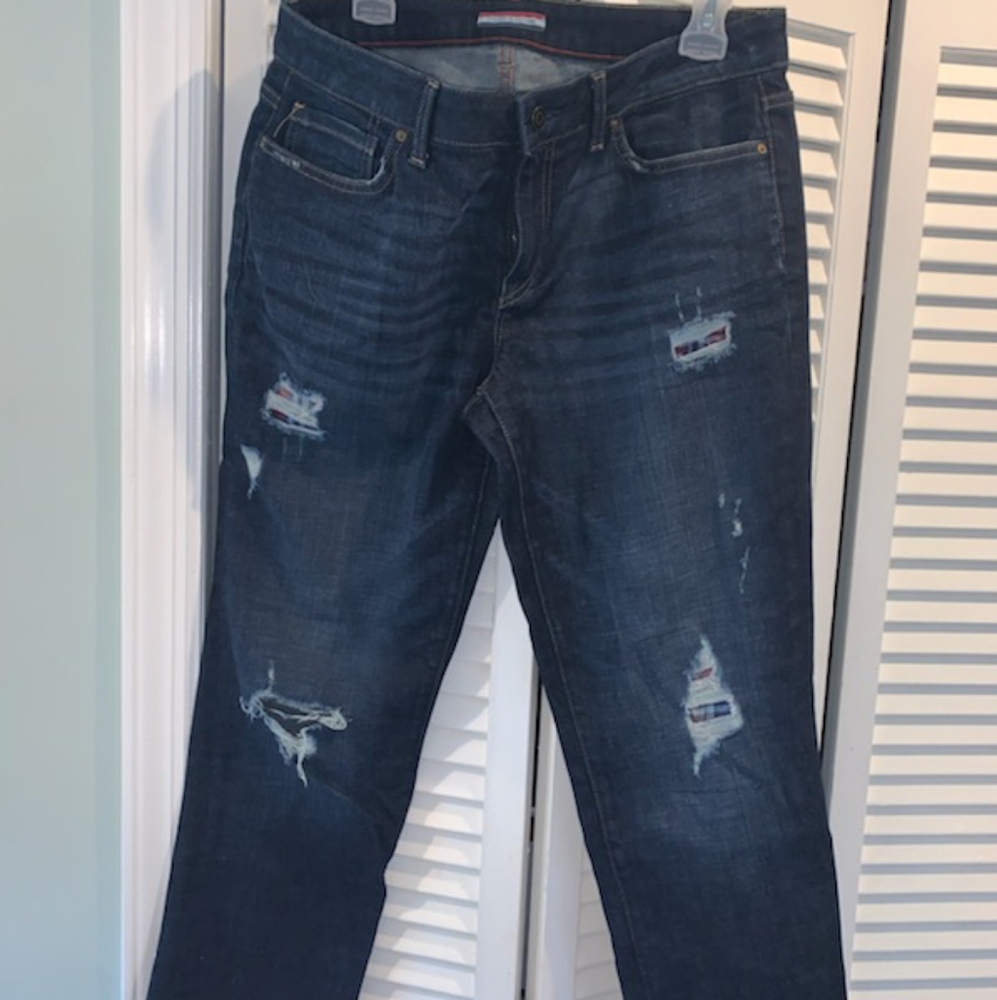 Dark blue ripped and patched Jean's